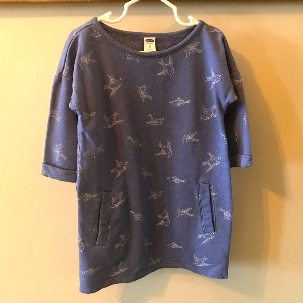 Old Navy size 4T short sleeve sweatshirt material blue birds dress with pockets!